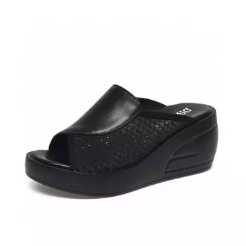 Thick-soled slippers women s outer wear summer new first-layer cowhide mesh sandals open-toed wedge heel muffin shoes 35