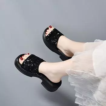 Thick-soled slippers women s summer muffin and one-character open-toed sandals sequined wedge slippers 34