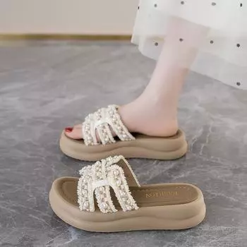 Thick-soled slippers women s summer outer wear with skirts new soft-soled beach pearls heightened one-word cool slippers 35