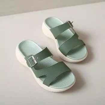 Thick-soled slippers women s summer simple round head outer wear belt buckle slope heel sandals casual soft bottom one-word 35