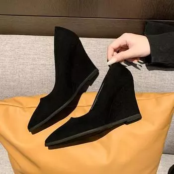 Thick-soled slope heel pointed single shoes, new suede simple one-pedal inner height increase, shallow high heels large size 35
