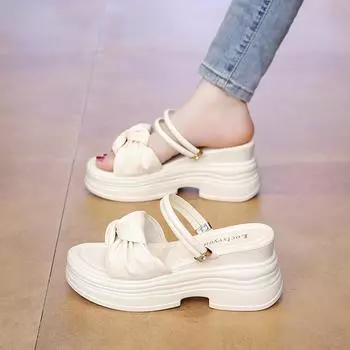 Thick-soled slope heel two wearing sandals women s summer new wear high-heeled slippers heightened soft-soled beach cool slippers 34