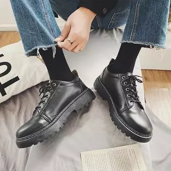 Thick-soled Small Leather Shoes Men Trend Comfortable Men Shoes British Youth Big Head Leather Shoes All-match Fashion Men Shoes 39 чёрный