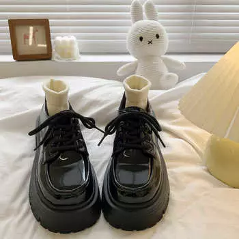 Thick-soled small leather shoes women s spring, autumn and summer new thick heel retro lace-up single shoes are sweet and cool 35