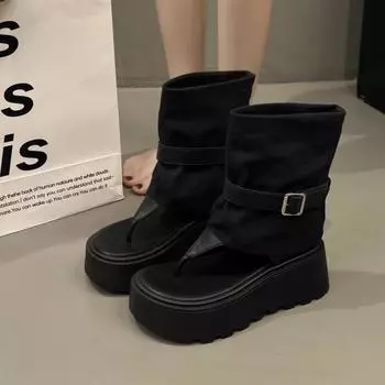 Thick-soled small man with toe belt buckle cool boots summer new muffin thick-soled herringbone sandals women 35