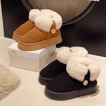 Thick-soled snow boots women s 2024 winter piled and thickened Northeast cotton shoes with one foot on the bread fluff shoes 35 чёрный