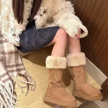 Thick-soled snow boots women s 2025 new winter two-wear boots Northeast piled thickened high cotton boots with integrated fur 35