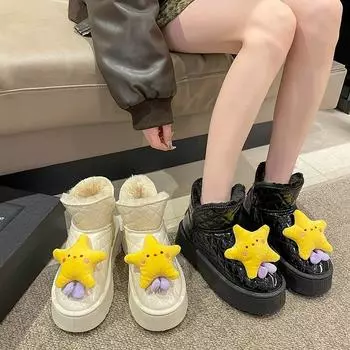 Зимние ботинки на толстой подошве, женские, осенне-зимние, с рисунком из мультфильмов, с утолщенным бархатным хлопковым верхом, водонепроницаемые и нескользящие ботинки 35 чёрный
