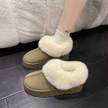 Thick-soled snow boots women s new winter fluffy shoes flat-soled velvet warm one pedal cute wind 35
