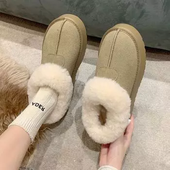 Thick-soled snow boots women s new velvet thickened Northeast large cotton shoes with integrated fur and bread fluff shoes 35
