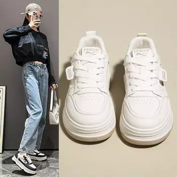 thick-soled soft leather little white shoes women s fried street Korean version 2025 autumn and winter new niche versatile sports and leisure explos 35 чёрный