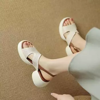 thick-soled thick-heeled open-toed sandals women s summer new comfortable high-heeled hollow Roman shoes versatile women s shoes 35 белый