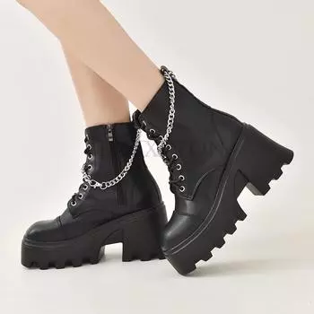 Thick Soled Thick Heeled Sponge Cake Short Boots with Raised Round Toe Punk Style Mid Tube Motorcycle Boot Chain Decoration 35 чёрный