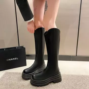 Thick-soled thick-heeled V-mouth thin boots but knee boots women s 2024 autumn and winter new retro thin high knight boots 35 чёрный