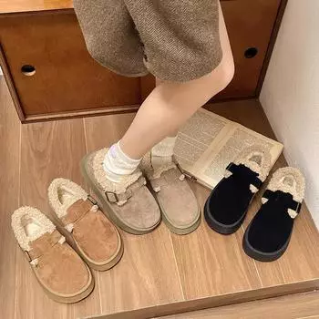 Thick-soled velvet warm snow boots 2024 autumn new comfortable soft-soled casual versatile lazy one-pedal cotton shoes 35 хаки