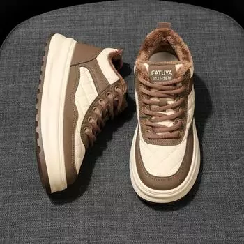 Thick-soled warm high-top small white shoes women s 2024 autumn and winter new velvet cotton shoes snow shoes 35 бежевый