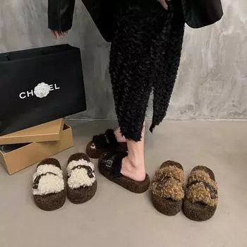 thick-soled white curly wool slippers for women s autumn and winter wear 2024 new niche design fashion Mao Mao shoes 35 хаки