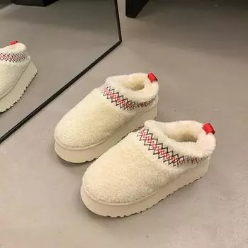 Thick-soled winter bag head half slippers, new ethnic style lace hairy half tray snow cotton slippers women 35 коричневый