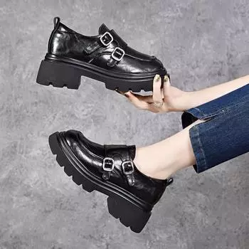 thick-soled women s double-breasted Velcro college style small leather shoes waterproof table thick-heeled small single shoes 35