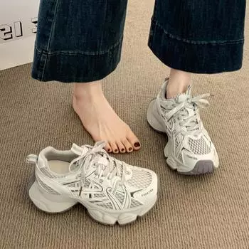 thick-soled women s new summer thin mesh breathable versatile white shoes heightening casual sports shoes 35 серый