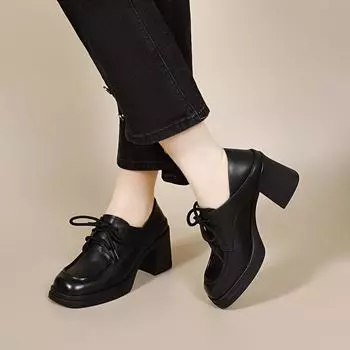 thick-soled women s waterproof table thick heel lace-up single shoes, black small leather shoes, and two deep-mouth shoes. 34