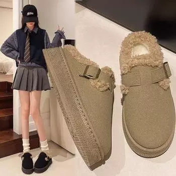 Thick-soled Woolly Half Slippers Women 2024 Winter New Wear Round Head Warm and Velvet Fashion Half Drag Cotton Shoes 35 малиновый