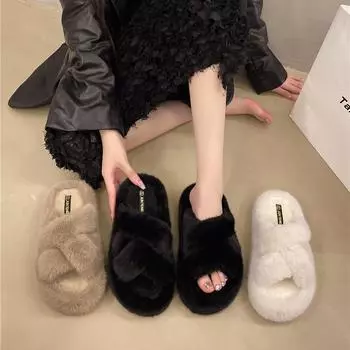 Thick-soled Woolly Slippers Female Wear New Autumn Leisure Comfortable Woolly Cotton Drag Female 35