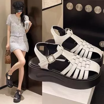 Thick-soled woven sandals women s new Roman style buckle beach sandals summer bag head buckle soft-soled sandals 35 бежевый