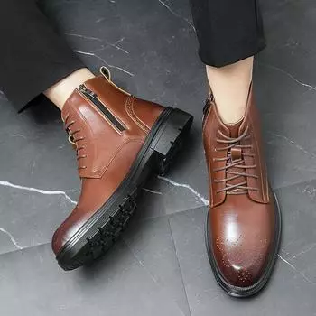 Thick Soles High Top Men Boots Autumn/Winter Men Casual Leather Shoe Lace Up Sided Zippered Boots British Style Block Work Boots 38 чёрный