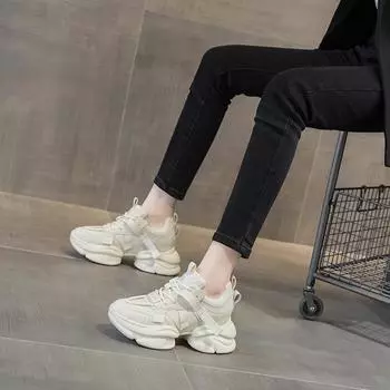 Thick Soles Women s Autumn Leather Soft Sole Sports Casual Shoes Increase Shoes Daddy Shoes 33 бежевый