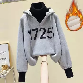 Thick Velvet Autumn and Winter Turtleneck Sweatshirt for Women New Long-sleeved Korean Style Loose and Versatile Fake Two-piece Top Trendy M