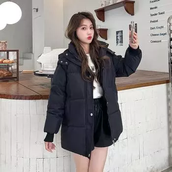 Thick Yellow Hooded Mid-length Down Cotton Jacket for Women In Winter S белый