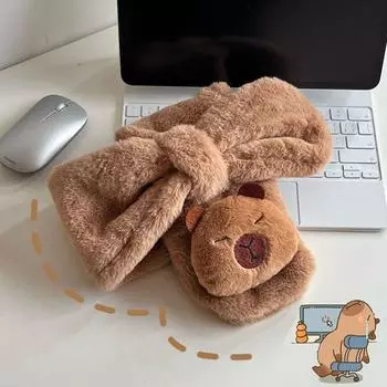 Thicken Capybara Fluffy Scarf Winter Cute Plush Neckerchief Warm Cartoon Cross Neck Scarf Girls кофейный