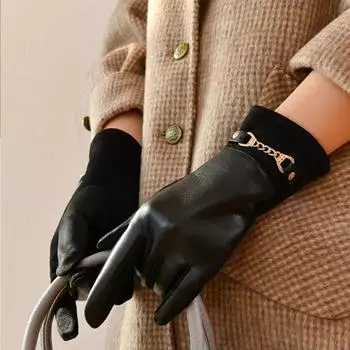 Thicken Gloves Chain Winter Mittens Simple Women Leather Gloves Cycling коричневый