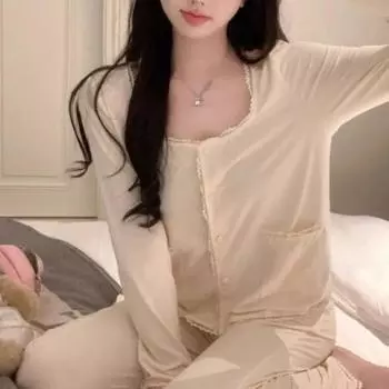 Thicken Island Velvet Sleepwear Осень Зима Новая Пижама Домашняя Одежда Милый Французский Кардиган С Длинными Рукавами Брючные Костюмы Домашняя Одежда M