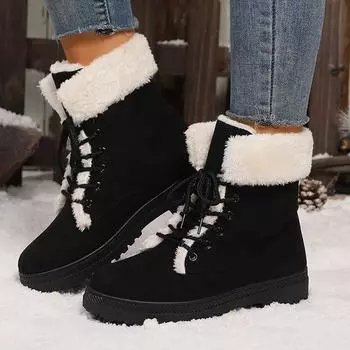 Thicken Plush Snow Boots Women Lace-Up Faux Fur Warm Cotton-Padded Shoes Woman 2025 New Flat Heel Non-Slip Winter Boots Female 35 чёрный