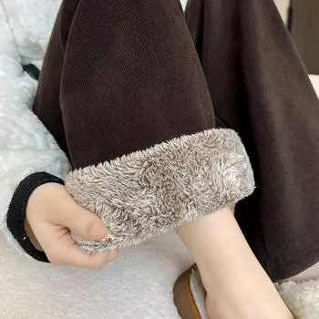 Thicken Plush Wide Leg Pants Female Winter Loose High Waist Straight Pants for Women Solid Color Casual Female Trousers S чёрный