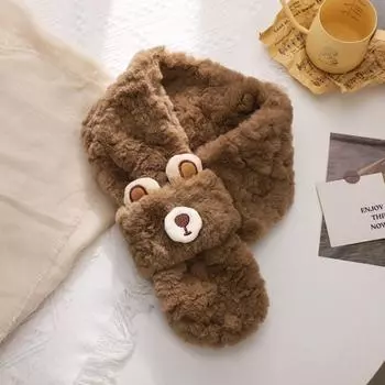 Thicken Women s Winter Scarf Cartoon Bear Cross Neck Scarf Simple Flocking Scarfs Women бежевый