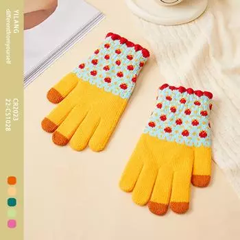 Thickened and Velvet Five Finger Students Cute Wool Knitted Gloves Cold Cycling Touch Screen Gloves To Keep Warm. One size