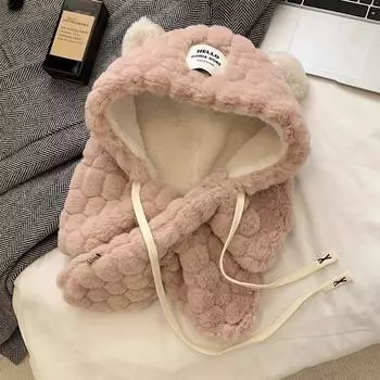 Thickened Bear Ears Beanies Hat Keep Warm Balaclava Hat Hooded Scarf Pullover Hat Female/Girls
