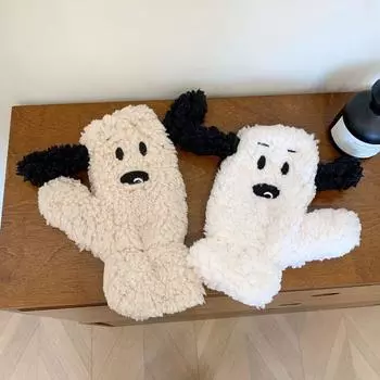 Thickened Dog Plush Mittens Cartoon Winter Gloves Fashion Full Finger Gloves Student белый