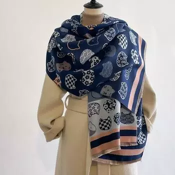 Утолщенный двухсторонний шарф-шаль с рисунком кошки, милый и свежий, длинный шарф для женщин 185*65cm коричневый