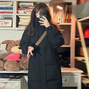 Thickened Down Jacket Women s Long Jacket Thickened Hooded Over Knee College Wind Silver Ion Student Couple Jacket XS чёрный