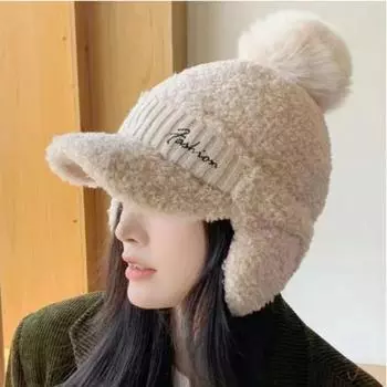 Thickened Earflaps Hat Windproof Knitted Baseball Hat Casual Lambswool Peaked Cap Girl