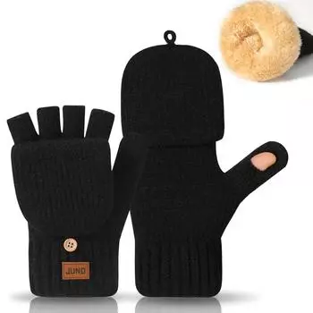 Thickened Finger leak Gloves In Autumn and Winter Double Layer Plus Velvet Knitted Cold and Warm Half Part Writing and Capped Half Finger Gloves One Size