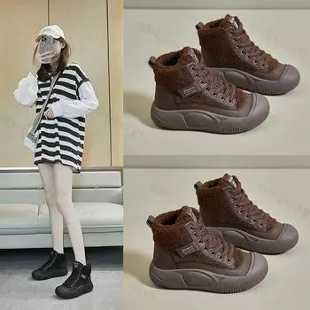 Thickened Fleece-lined Women s 2024 Winter New Snow Boots Non-slip Warm Footwear High-top Cotton Shoes Casual Sports Board Shoes 35 хаки