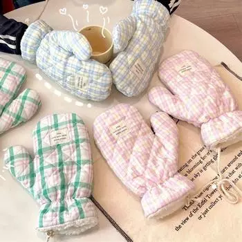 Thickened Hanging Neck Gloves Plaid Pattern Fingerless Mitten Soft Plush Gloves Girls синий