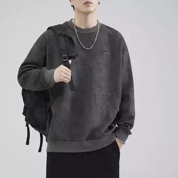Толстый Тяжелый Свитер Мужской Осень Зима Модный Бренд Постиранный Японский Ретро Замшевый Вышитый Повседневный Топ с Длинным Рукавом M хаки