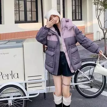 Thickened hooded color matching medium and long white duck down jacket for women s winter new contrasting color waist jacket for women One size [recommended 80-75kg]
