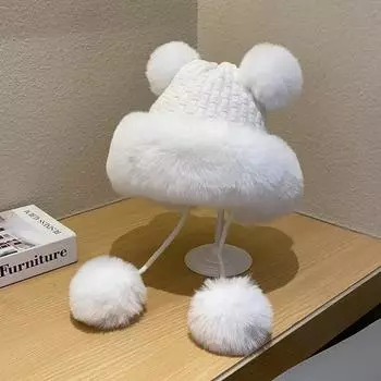 Thickened knitted wool hat, women s winter cute hairball pullover hat, warm, fleece ear protection, cold-proof thunder hat белый